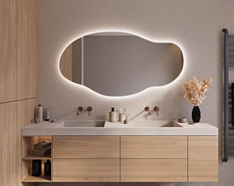 Asymmetrical Large Bathroom Hanging Led Mirror Irregular Tall Mirror with Lights Modern Cool Lighted Frameless Led Illuminated Decor