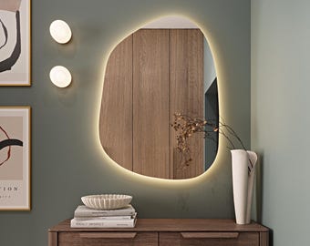 LED mirror for Bathroom - Touch Led Bathroom Assymetrical Mirror - Led Wall Hanging Decorative Mirror - Irregular Wall Lighted Led Mirror