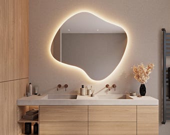 Bathroom Mirror with Led Light, Led Lighted Irregular Mirror, Asymmetrical Lighting Mirror, Light Makeup Mirror, Backlit Large Wall Mirror