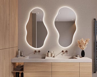 Wavy Led Bathroom Mirror, Bathroom Bedroom Mirror with Lighted, Irregular Wall Mirror, Asymmetrical LED Mirror, Backlit Large Led Mirror