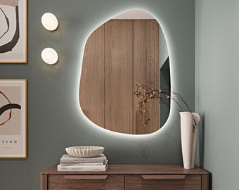Asymmetrical Bedroom Mirror With Led Lights, Led Vanity Mirror, Irregular Lighted Mirror, Illuminated Large Wall Mirror, Backlit Mirror