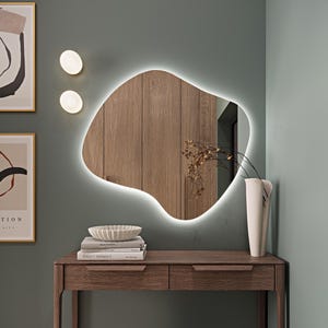 Wavy LED light mirror for bedroom, Modern LED light wall mirror, Asymmetrical LED mirror for home, Backlit mirror irregular light mirror