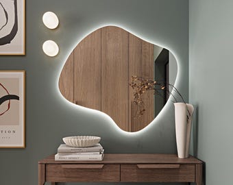 Wavy LED light mirror for bedroom, Modern LED light wall mirror, Asymmetrical LED mirror for home, Backlit mirror irregular light mirror
