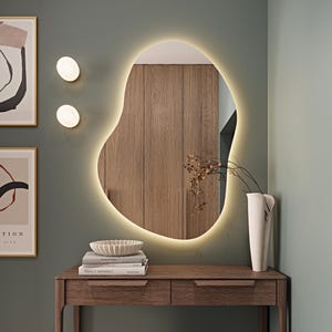 Asymmetrical Mirror With Led Lights, Backlit Bedroom Mirror, Decorative Illuminated Mirror, Irregular Shaped Large Vanity Wall Mirror
