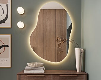 Asymmetrical Mirror With Led Lights, Backlit Bedroom Mirror, Decorative Illuminated Mirror, Irregular Shaped Large Vanity Wall Mirror