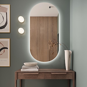 Oval LED Backlit Mirror, Modern Wall-Mounted Vanity Mirror with Ambient Lighting, Oval LED Mirror for Bedroom, Pill Shaped Mirror