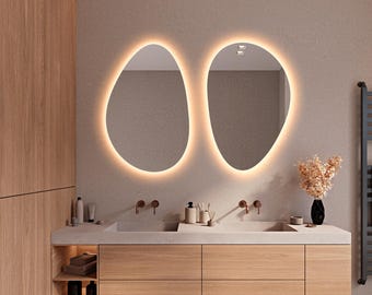 Irregular Oval Bathroom Mirror Asymmetric LED Mirror Design Handmade Aesthetic Wall Hanging Unique Minimalist Wall Decor Mirror
