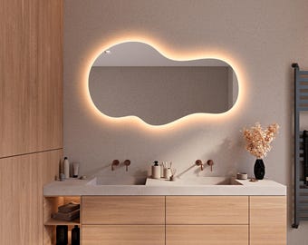 Irregular LED Bathroom Mirror, Asymmetrical Wall Mirror with Backlight, Modern Vanity Mirror, Unique Home Decor, Custom Light Option