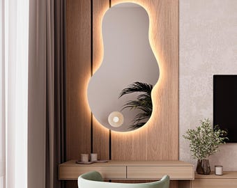 Asymmetrical Wall Mirror with Backlight, Irregular LED Bathroom Mirror, Modern Vanity Mirror, Unique Home Decor, Bedroom Mirror