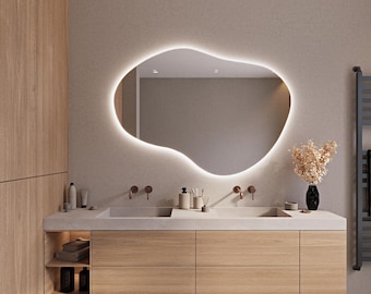 LED Lighted Bathroom Mirror, Decorative Illuminated Mirror, Asymmetrical Mirror With Led Lights, Irregular Shaped Led Wall Mirror Vanity