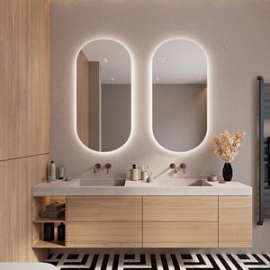 Oval Bathroom Mirror with Led Lights, LED Bedroom Mirror, Asymmetrical Lighted Mirror, Illuminated Large Wall Mirror, Pill Shaped Mirror