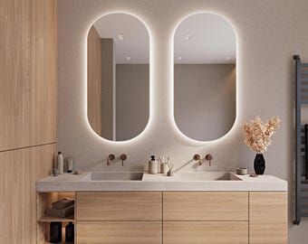 Oval Bathroom Mirror with Led Lights, LED Bedroom Mirror, Asymmetrical Lighted Mirror, Illuminated Large Wall Mirror, Pill Shaped Mirror