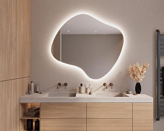 Irregular LED Backlit Bathroom Mirror, Asymmetrical Lighted Vanity Mirror, LED Wall Mirror, Bathroom Vanity Mirror, Illuminated Mirror