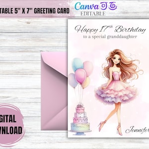 Cartão de aniversário editável para menina – Vestido, bolo e balões – Modelo personalizado para impressão no Canva