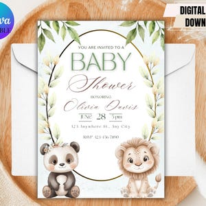 Faire-part de fête prénatale | Thème de la jungle neutre | Modèle modifiable avec panda et lion
