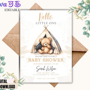 Modèle d'invitation de baby shower ours – thème camping, toile modifiable, conception de tente forestière, non sexiste, téléchargement imprimable