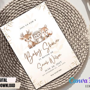 Plantilla de invitación para baby shower con temática de bosque: género neutro, animales del bosque, tarjeta editable de Canva, descarga instantánea e imprimible