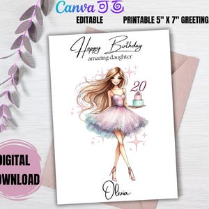 Bearbeitbare Geburtstagskarte für Mädchen - Kleid & Kuchen - Personalisierte druckbare Canva-Vorlage für Kinder