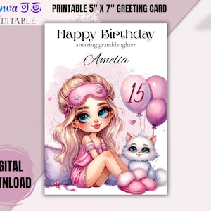 Carte d'anniversaire modifiable pour fille - pyjama rose et chat - imprimable personnalisée pour les enfants - modèle de toile personnalisé