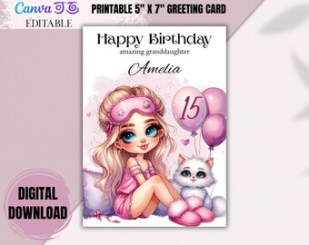 女の子向けの編集可能な誕生日カード – ピンクのパジャマと猫 – 子供向けのカスタム印刷可能 – パーソナライズされたCanvaテンプレート
