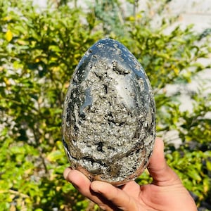 May include: A pyrite egg with a polished, reflective surface, held in a hand. The egg has a rough, textured area with a cluster of small, glittering crystals. The background features blurred green foliage. The egg is a decorative item.