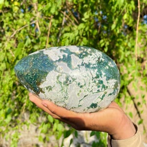 Huevo de cristal de ágata musgosa grande: Piedra curativa de aura drusa, 200 mm