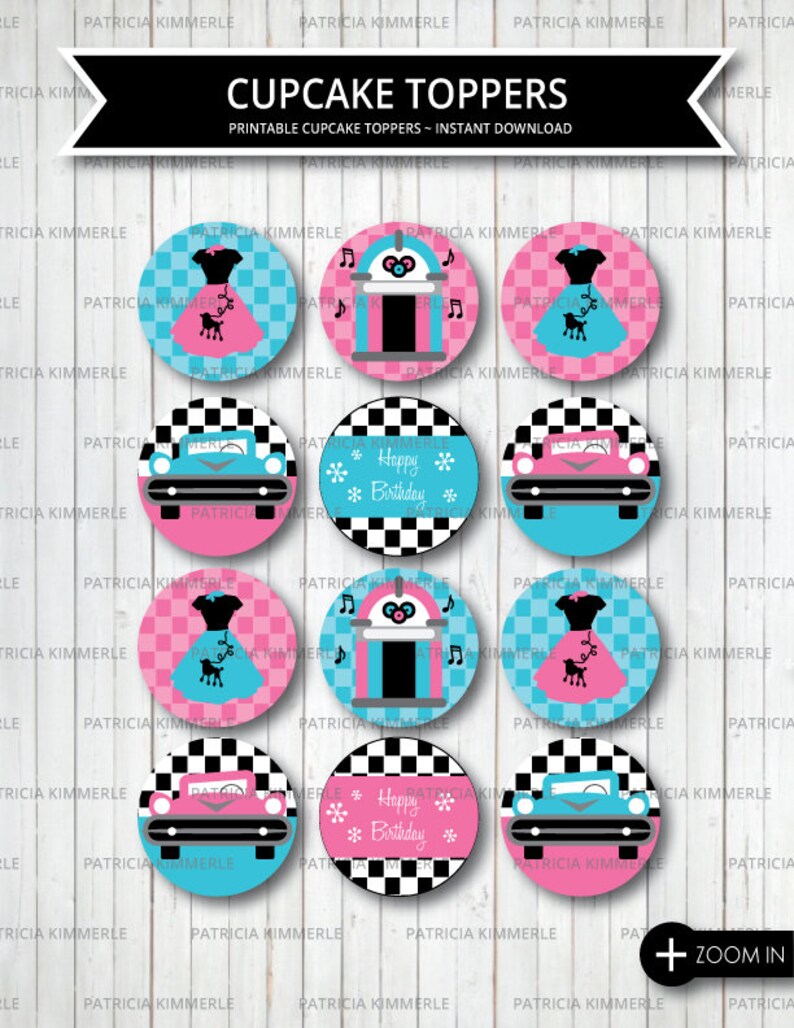 Printable Cupcake Toppers Retro 50s Rock And Roll Birthday Etsy
