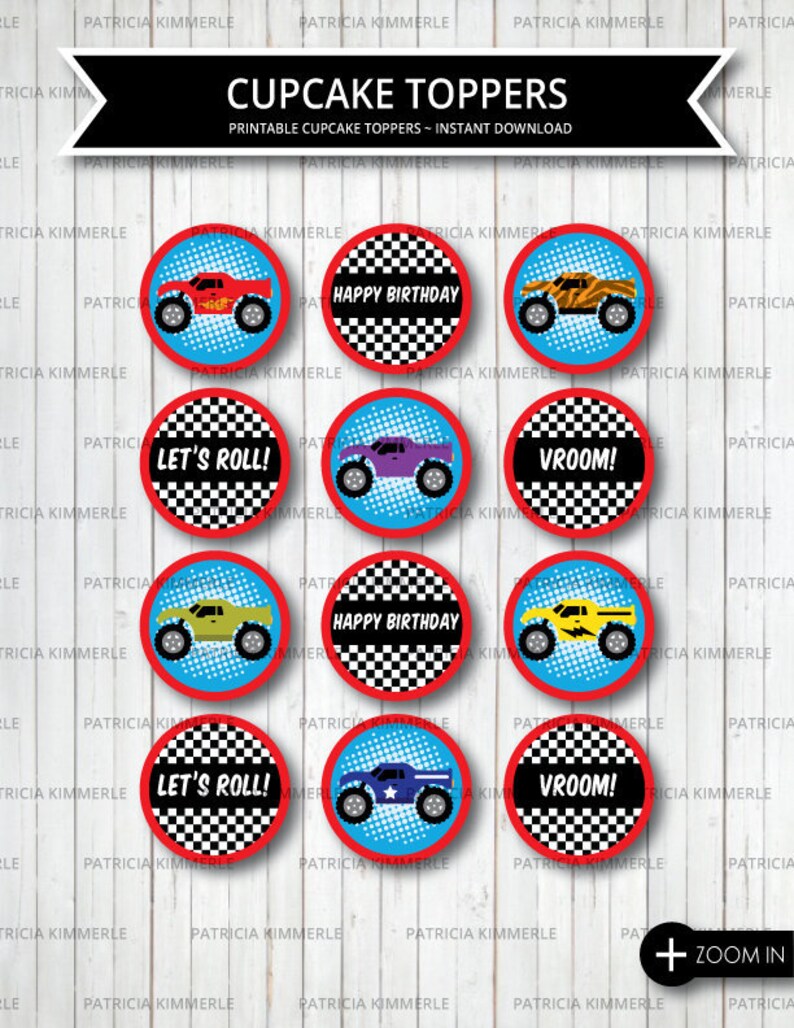 Printable Cupcake Toppers Monster Truck Machine Racing Etsy