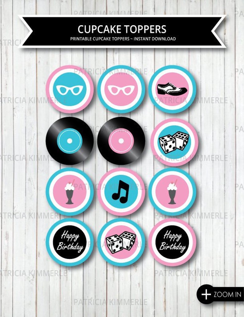 Printable Cupcake Toppers 50s Rock And Roll Birthday Party Etsy