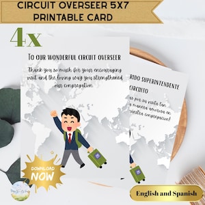 Zestaw kart z podziękowaniami dla nadzorcy obwodu JW – 4 karty z duchowymi pozdrowieniami do wydrukowania – po angielsku i hiszpańsku – 5x7 składane – natychmiastowe pobranie pliku PDF