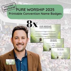 Pure Worship 2025 Printable Name Badges | Pack of 8 Unique Designs for Instant Download, Jehovah&#39;s Witness JW Regional Convention