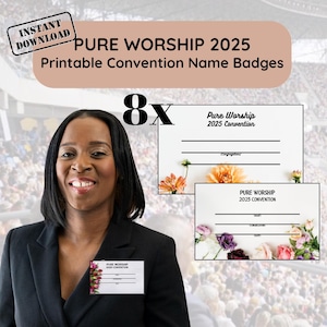 Pure Worship Convention 2025 Printable Name Badges | Pack of 8 Unique Designs for Instant Download, Jehovah&#39;s Witness JW Regional Convention