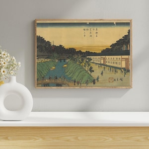 Vintage Japanse houtsnede | Stadsgezicht uit de Edo-periode | Hiroshige-stijl ukiyo-e afdrukbaar muurdecor | Digitale downloadkunst