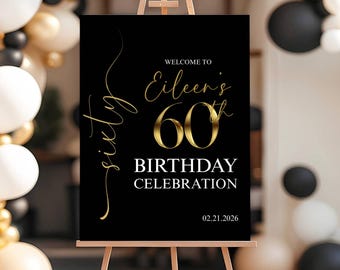Willkommensschild zum 60. Geburtstag – Geburtstagsdeko in Schwarz und Gold, bearbeitbare Canva-Vorlage