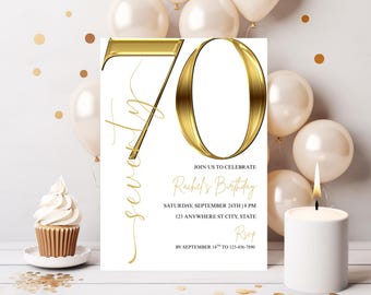 May include: A white invitation card with gold accents for a 70th birthday celebration. The card features the number "70" in gold, along with the text "Rachel's Birthday" and event details. The background includes balloons, confetti, a cupcake, and a candle.