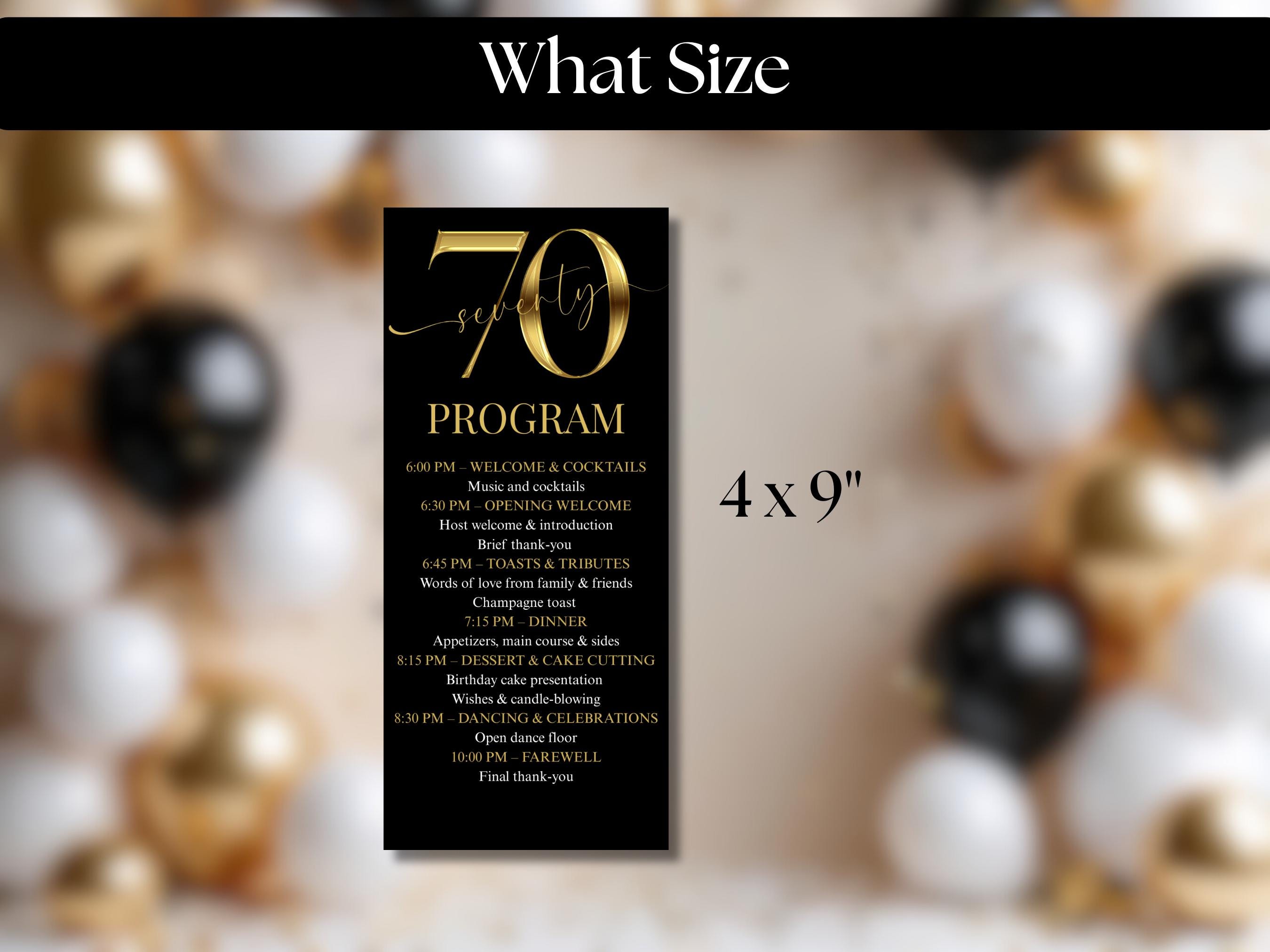 Black and Gold 70th Birthday Event Program - Elegant Event Itinerary ...