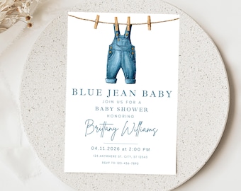 May include: Baby shower invitation with watercolor blue jean overalls hanging from a clothesline. The text reads "BLUE JEAN BABY" and invites guests to a baby shower honoring Brittany Williams on April 11, 2026.