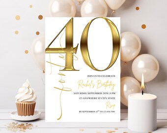 May include: A white birthday invitation card with gold accents, featuring a large gold "40" and the text "Rachel's Birthday". The card is surrounded by balloons, confetti, a cupcake, and a lit candle.