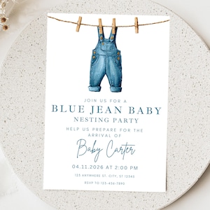 May include: A baby shower invitation with a watercolor illustration of blue denim overalls hanging on a clothesline. The invitation reads "Join us for a Blue Jean Baby Nesting Party" and includes event details and the name "Baby Carter."
