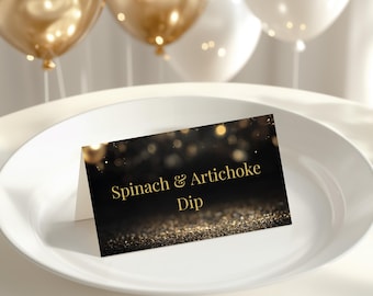 Black and Gold Food Labels - Food Tent Cards, Buffet Table Signs, Elegant Party Food Tent, Editable Canva Printable
