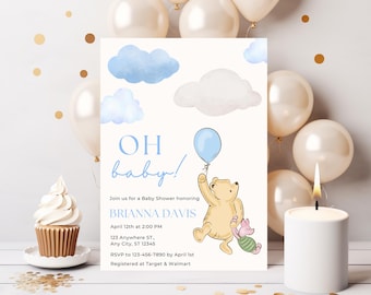 Winnie the Pooh Baby Shower Invitation - Watercolor Storybook Invite, Editable Canva Template