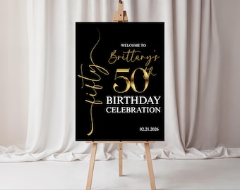 Black and Gold 50th Birthday Welcome Sign - Editable Canva Template