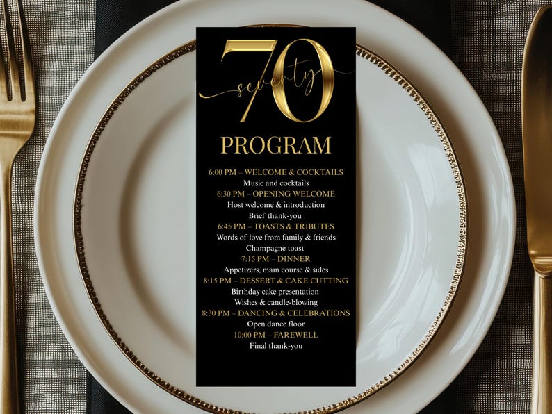 Black and Gold 70th Birthday Event Program - Elegant Event Itinerary ...