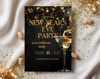 Black and Gold New Year's Party Invitation - Editable Canva Template