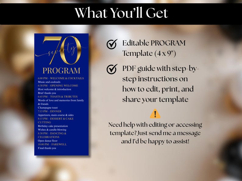 Blue and Gold 70th Birthday Event Program - Elegant Event Itinerary ...
