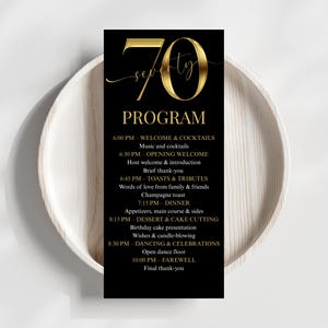 Schwarz und Gold 70. Geburtstag Ereignisprogramm - Eleganter Ereignisplan, bearbeitbare Canva-Vorlage