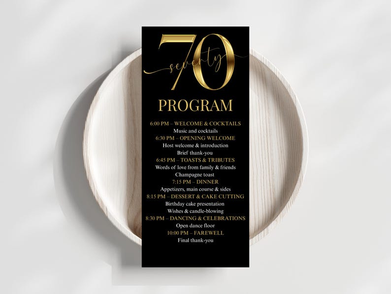 Black and Gold 70th Birthday Event Program - Elegant Event Itinerary
