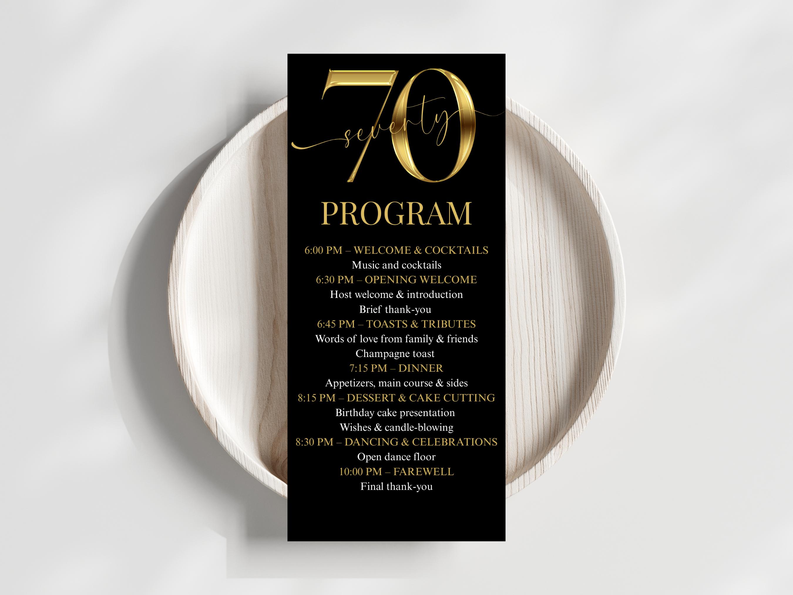 Black and Gold 70th Birthday Event Program - Elegant Event Itinerary ...