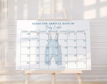 Blue Jean Guess the Due Date Calendar - Baby Prediction Game for Boy Baby Shower, Editable Canva Template