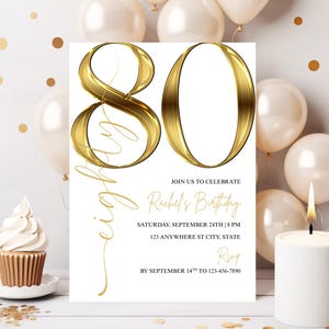 May include: An invitation for an 80th birthday celebration. The design features gold-colored script and numerals against a white background. The invitation includes the text "Join us to celebrate Rachel's Birthday" and event details.